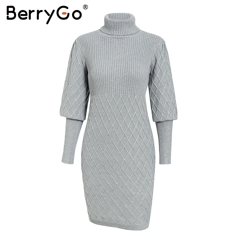 BerryGo с высоким, плотно облегающим шею воротником кабель женское трикотажное платье осенне-зимняя верхняя одежда платья Винтаж фонарь рукав женский пуловер, свитер, платье - Цвет: Серый