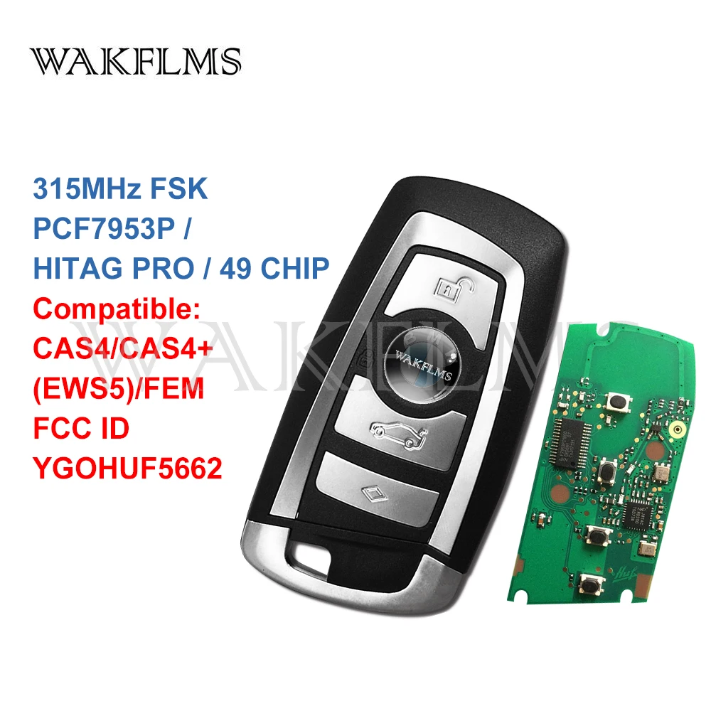 4 Button 315MHz Smart Card Car Key With Battery For&nbsp;BMW&nbsp;2010-2016&nbsp;3 / 5 / 7 Series YGOHUF5662 PCF7953P&nbsp; CAS4/CAS4+