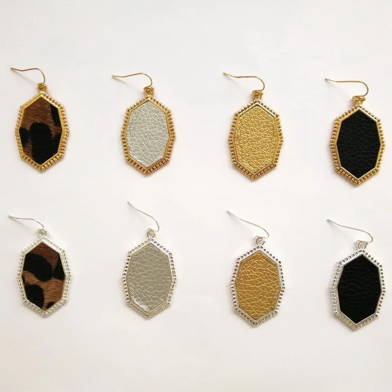 

ZWPON Trendy Retro Geometric Hexagon Gold Border Drop Earrings Leopard Hexagon Leather Drop Earrings for Woman Fashion Jewelry