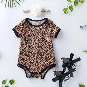 

0-2T Newborn Baby Girl Flare 3 Sets Flowers Sleeve Solid Stripe Leopard Grain Casual Romper Jumpsuit Outfits Summer Baby Clothes