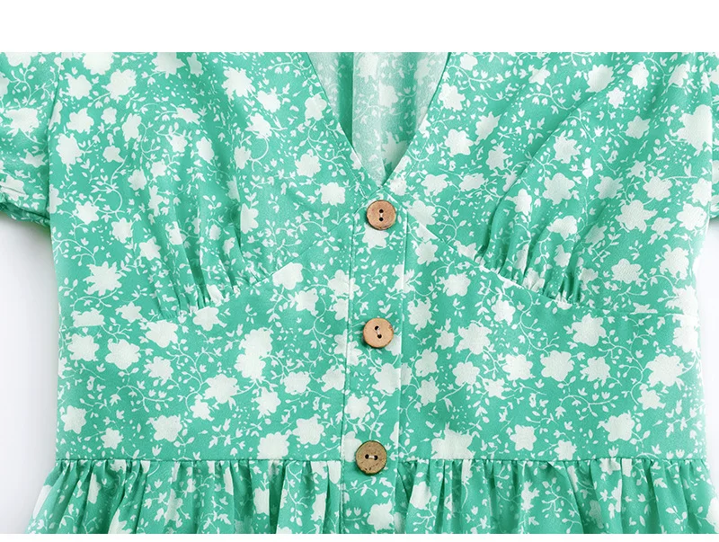 Women Short Sleeve Floral Mini Dress Casual Green Print Puff Sleeve Dresses Summer 2021 Ladies Sexy V Neck Button Beach Dress