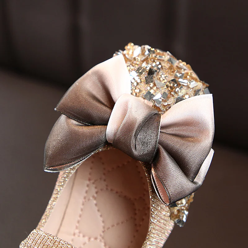CYSINCOS Children Casual Shoes Leather Girls Princess Flat Heel Party Shoes Sequins Bow Pearl Crystal Bling Casual Shoes