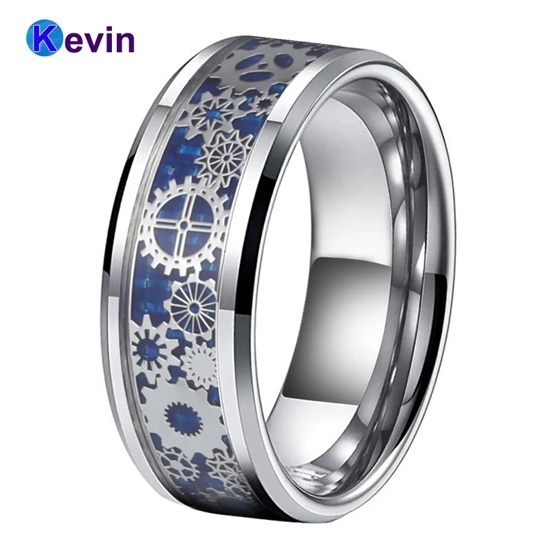 BestTungsten 8mm Silver/Black Tungsten Rings for Men Women Wedding Bands Steampunk Gear Wheel Blue Purple Carbon Fiber Inlay Beveled Edges Comfort Fit 