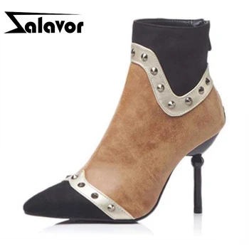

ZALAVOR Size 32-48 Women High Heel Boots Winter Fur Warm Women's Shoes Rivets Mixed Color Ankle Boots Woman Footwear