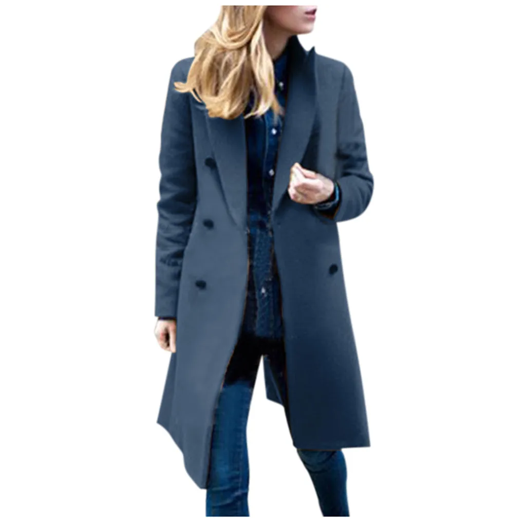 Womens Winter Lapel Wool Coat Trench Jacket Long Sleeve Overcoat Outwear US