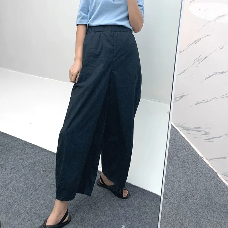 

LANMREM Dark Blue Pocket Elastic Mid-rise Nine-point Wide-leg Pants Woman Casual Wild Simple Fashion 2019 Autumn New TV758