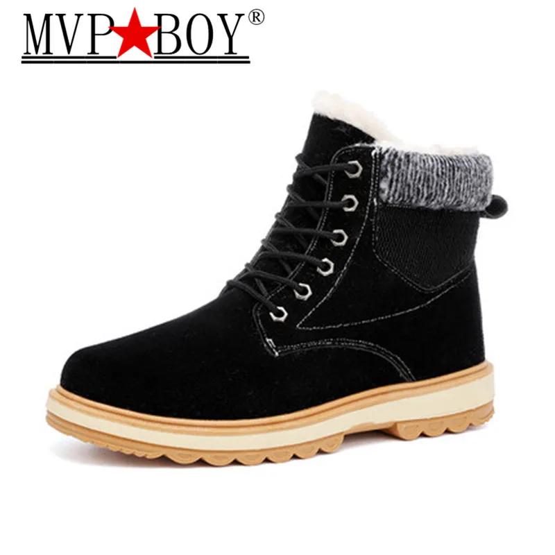 MVP BOY Hot Plush Snow Men Cotton shoes Autumn Winter Lace-up Style Fashion Trend Flock Short men's Ankle Boots Black Blue Brown