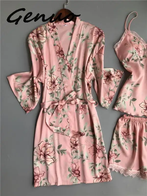 Genuo 2019 женская пижама из 3 предметов атласная пижама с нагрудники на тонких бретельках кружевная Шелковая пижама для сна