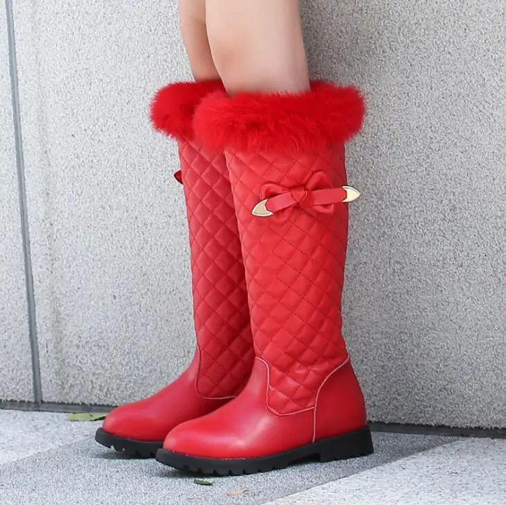 Children boots girls genuine leather boots winter fashion knee-high martin boots plus velvet warm rabbit fur kids princess shoes