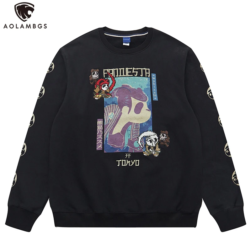 

Aolamegs Men's Harajuku Sweatshirts Cartoon Panda Print Japanese Pullover Couple Autumn High Street Tops Fashion Cozy Streetwear