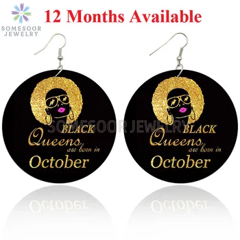 

SOMESOOR 12 Months Birth Black Queen Loops Afro Wooden Drop Earrings Gold Modern Natural Hair Both Sides Printed For Women Gifts