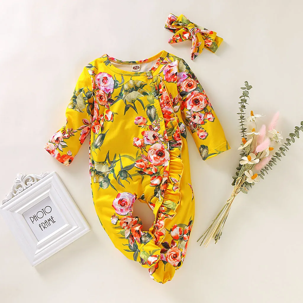 Модная повседневная одежда для новорожденных; одежда для маленьких девочек и мальчиков; комбинезон для сна; повязка на голову с цветочным принтом; комплекты одежды