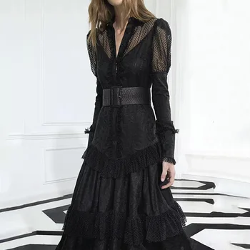 

2020 New Women Mesh Patchwork Embroidery Dress Elegant Cascading Ruffle Long Sleeve Dresses A1214