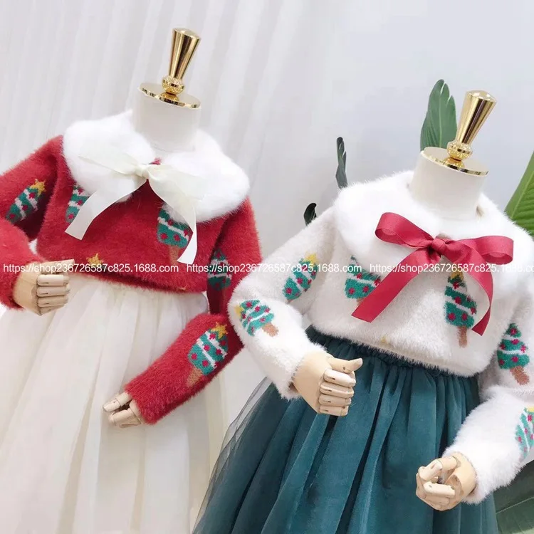 Детская одежда; Новинка года; модная зимняя одежда в Западном и корейском стиле для девочек; комплект юбки и свитера с принтом рождественской елки