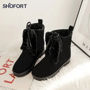 

SHOFORT Winter Shoe for Women 2020 Fashion Lace-up All-match Boots Women Plus Velvet Warm Soft Non-slip Heighten Platform Boots