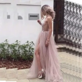 

Abiye Prom Gowns Crystal Long Customized Beading Evening Party Dresses Pink Sexy Backless High Slit Vestido De Festa Longo