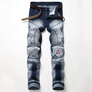 

Men's jeans nostalgic jeans locomotive casual jeans men's elastic hole badge personality men's denim trousers