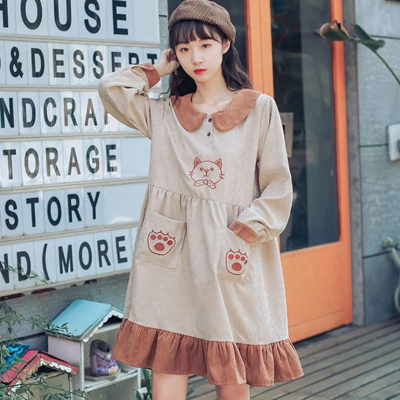 Рисунок котенка Kawaii платье женские вельветовые Демисезонный милый с воротником