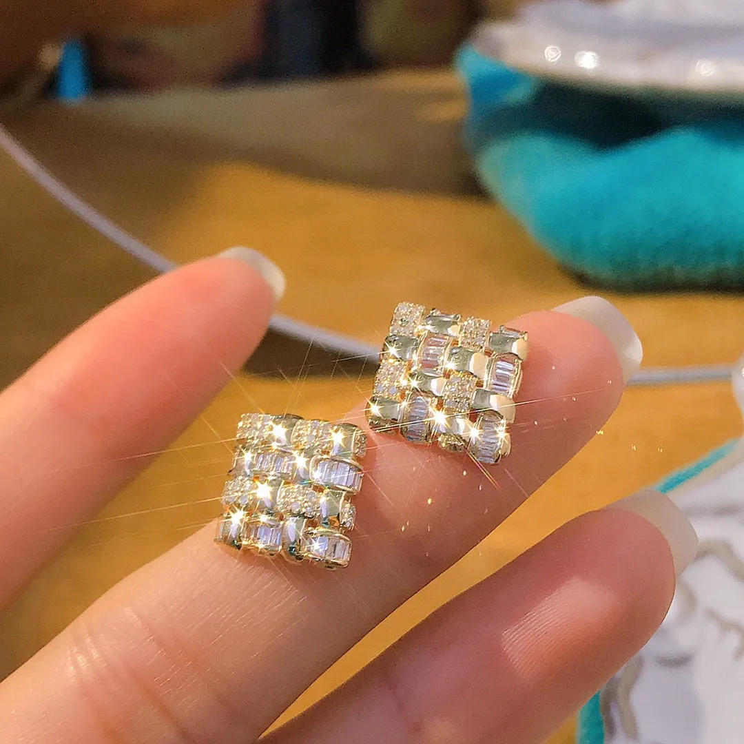 18K Real Gold White Rhombus Diamond Earring Solid Jewelry(AU750)Women Sleek Chain Fringe Dangle Earrings Wedding Prom Valentine