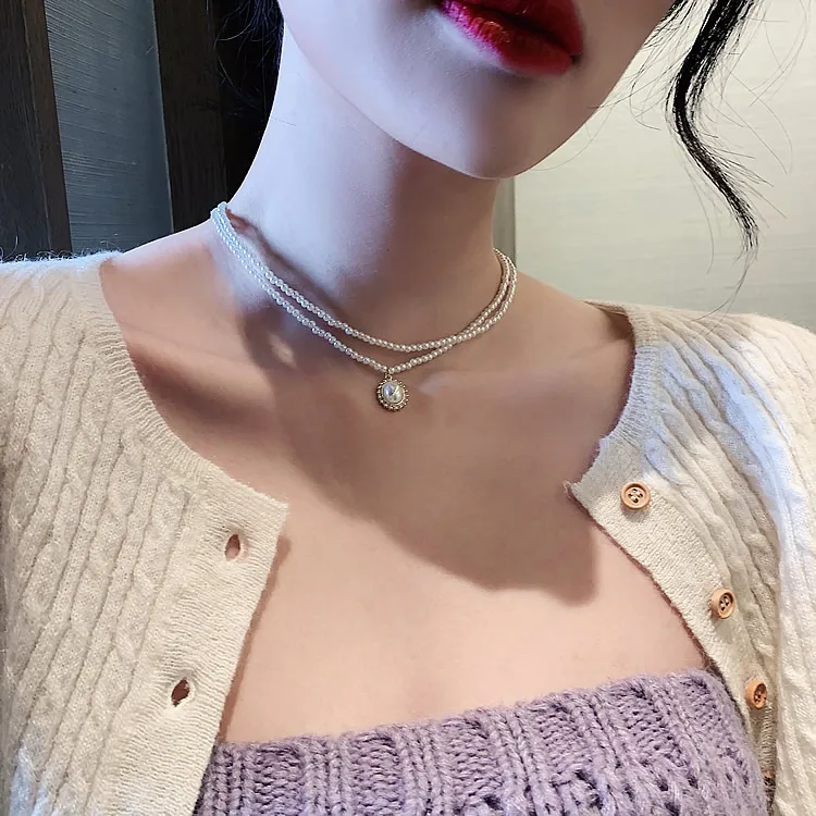 Korean new design fashion jewelry double elegant and elegant white pearl water drop pendant female prom party clavicle necklace