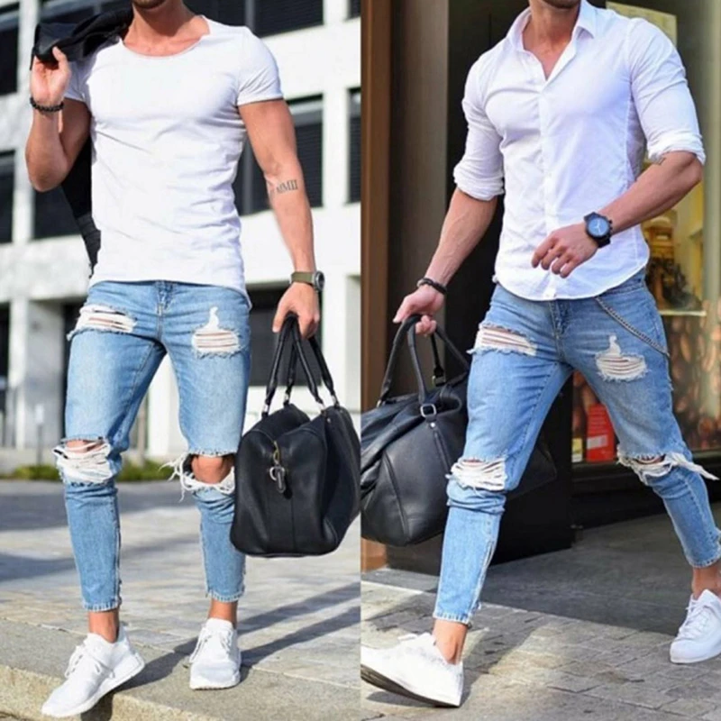 preocupación fluido Brújula Pantalones vaqueros elásticos para hombre, diseño rasgado y desgastado, a  la moda, tobilleros con cremallera, Vaqueros ajustados de talla grande|Pantalones  vaqueros| - AliExpress