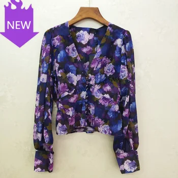

temperament lady blouse autumn winter new V-neck print women shirt tops puff sleeve