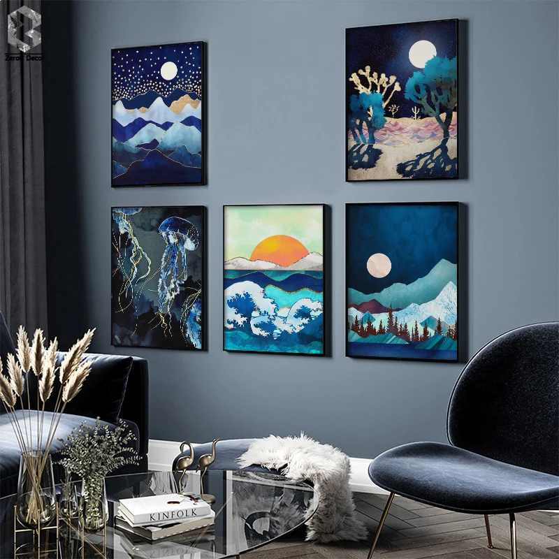 

Abstract Painting Canvas Print Japanese Style Sunrise Posters Jellyfish Moon and Mountaing Cuadros Decoraciуn Salуn