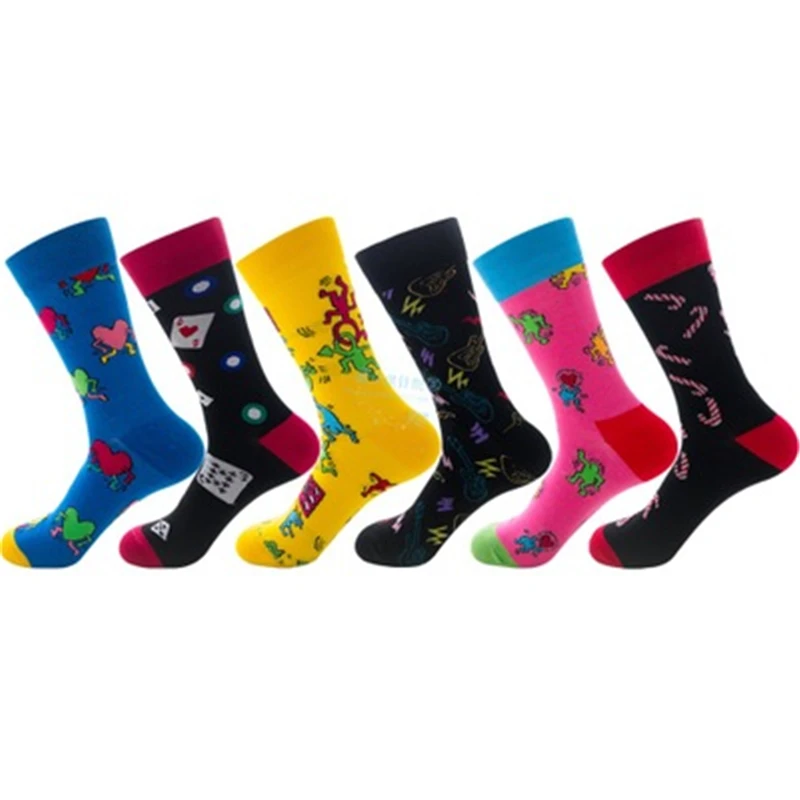 Yellow Rose Red blue graffiti playing cards electronic piano Christmas stick men's and women's cotton tube socks ZQ034 | Женская