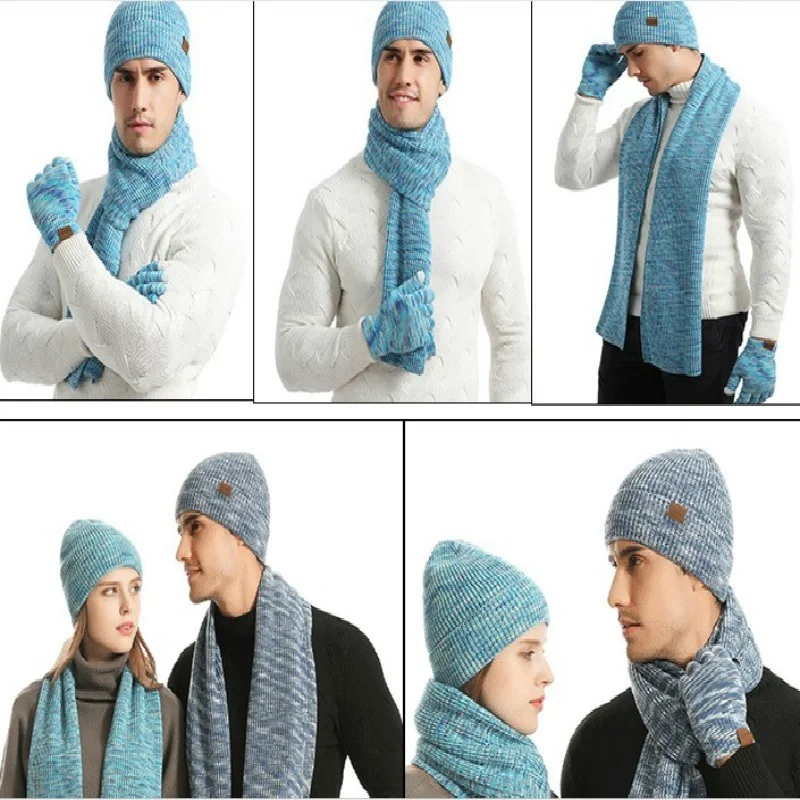 Зимняя шапка, шарф, перчатки для влюбленных пар, толстые вязаные теплые подарки для женщин и мужчин, уличные перчатки для велоспорта, лыжного спорта, шапка, шарф, комплект из 3 предметов