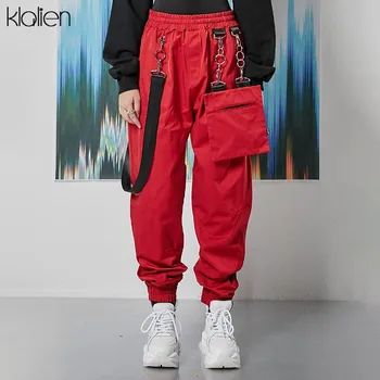 

KLILAEN fashion Punk High Waist Metal Chain Pocket Cargo Pants Womens Streetwear 2019 autumn soild retro leisure Harem Trousers