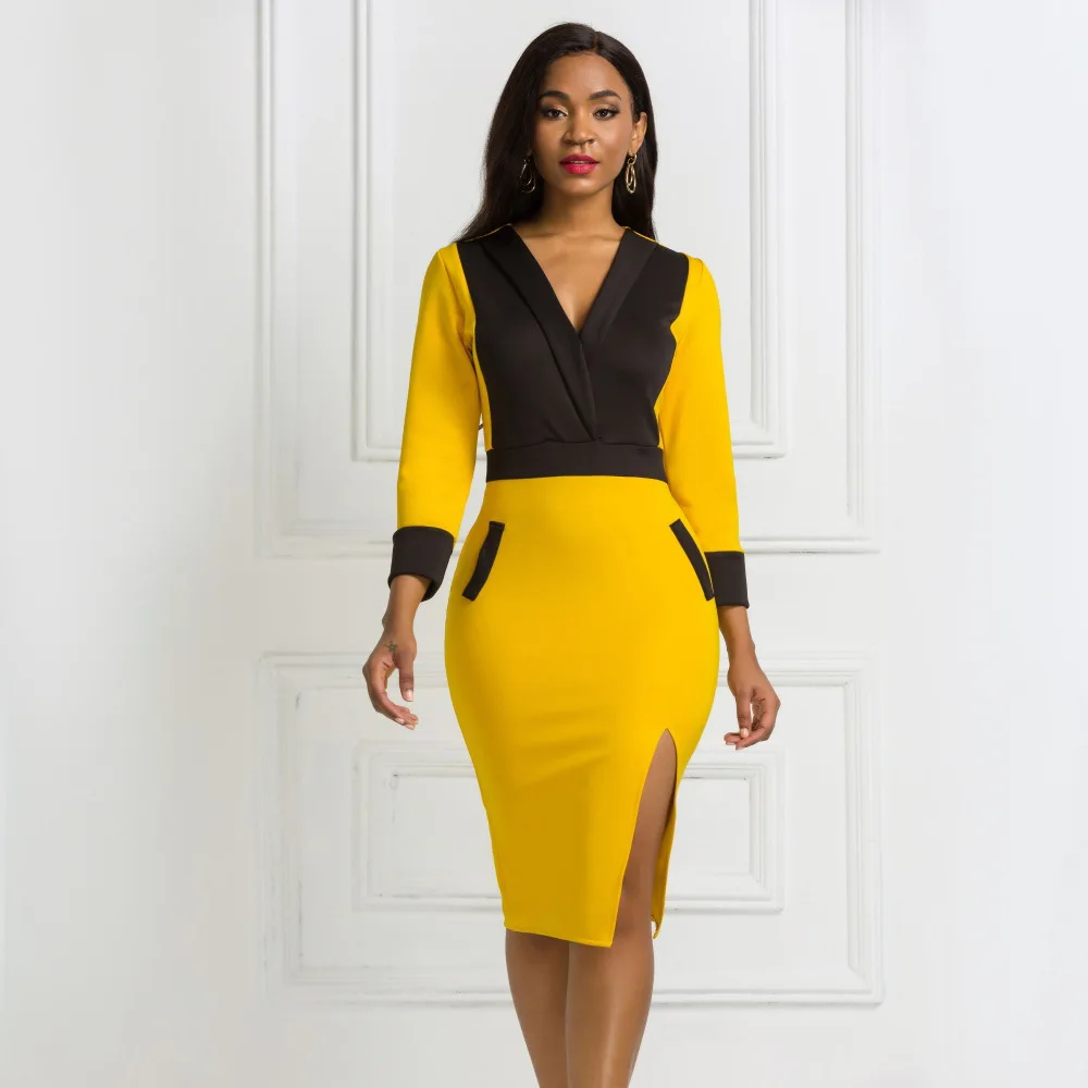 

2020 New Women Elegant Spring Autumn Work Formal Business Office Ladies Vintage V Neck Patchwork Bodycon Pencil Dress Plus Size