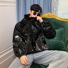 Мужская уличная хип хоп повседневная черная Яркая кожаная Куртки мужские осень пуловер с капюшоном кожаная куртка пальто верхняя одежда