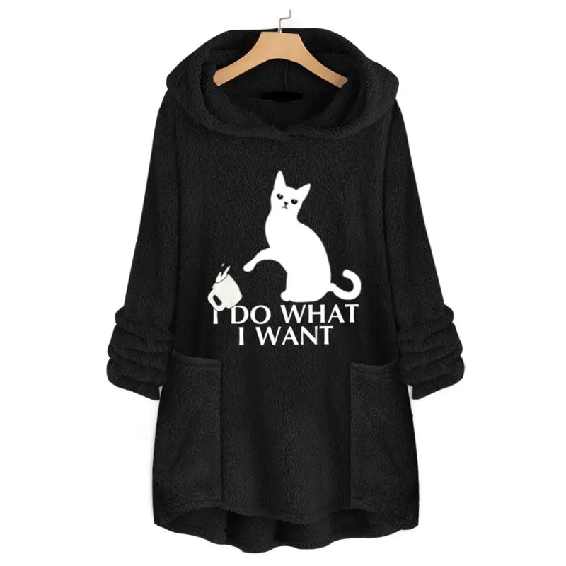 Womens Plus Size Winter Thicken Plush Hooded Sweatshirt Cute Lazy Cat Cartoon Printed Loose Asymmetric Hem Tunic Tops M-5XL