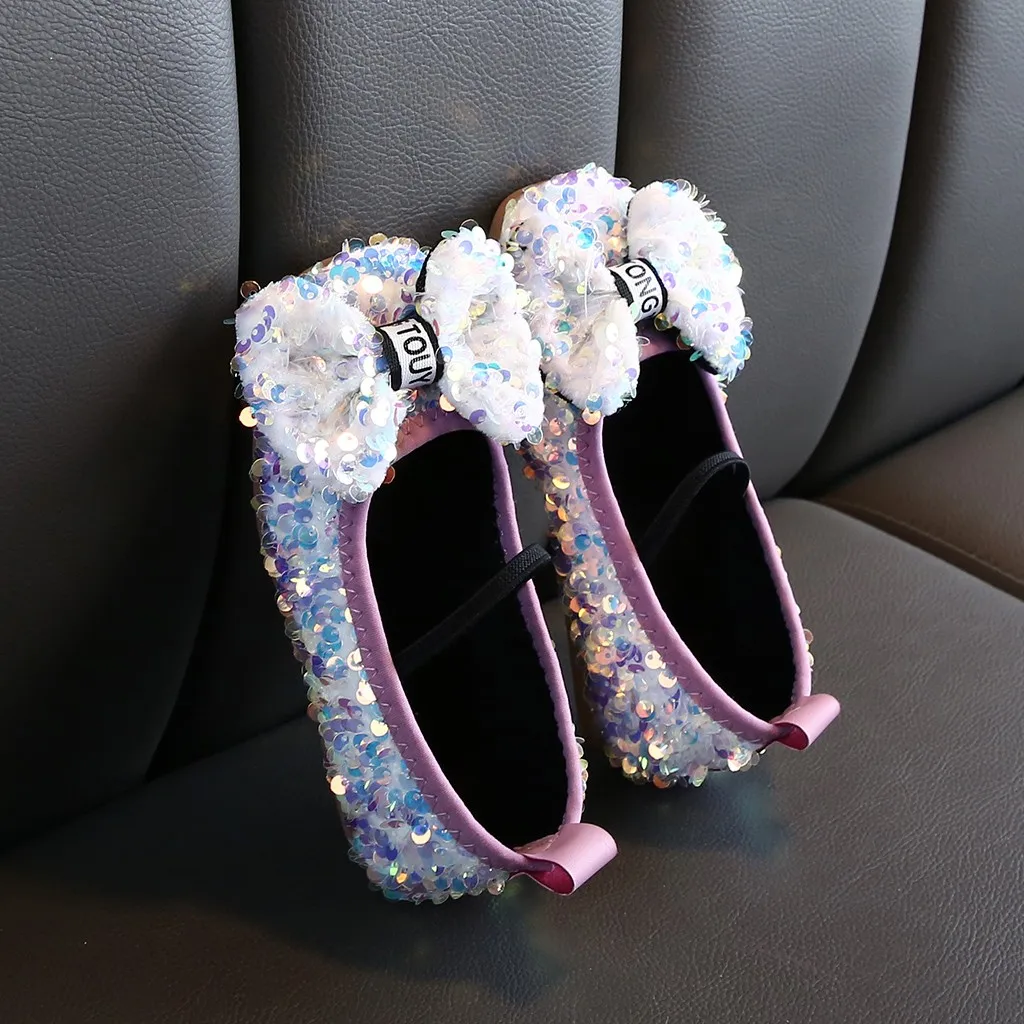 Girls Princess Bow Shoes Children Infant Bowknot Bling Sequins Single Princess Shoes Kids Baby Girls Leather Halloween Shoes#BC