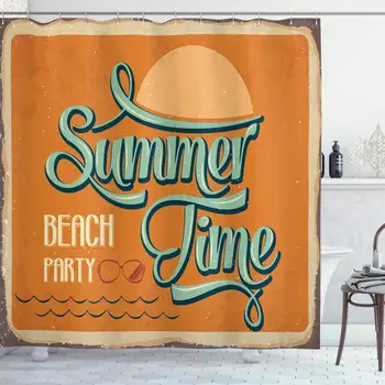 

1950s Shower Curtain, Summer Time Beach Party Holiday Joyful Seasonal Worn Typographic Sun Sea, Cloth Fabric Bathroom Decor Set