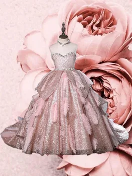 

Glitz Pink Long Girls Pageant Dresses Kids Ball Gown Little Girls Birthday Dress Robe Fille Vestidos Para Nina Flower Girl Dress