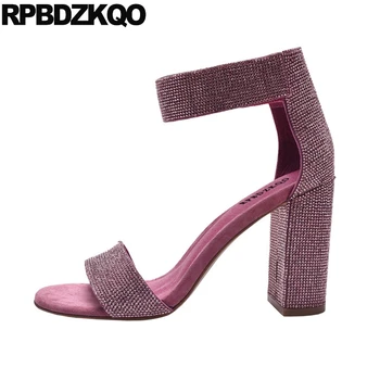 

ankle strap thick fashion block rhinestone pumps chunky crystal diamond purple luxury shoes women designer sandals high quality