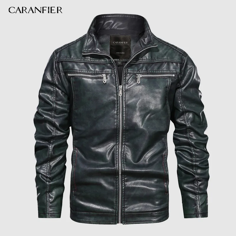 Зеленый CARANFIER мужские кожаные куртки новые осенние кожаные пальто повседневная мотоциклетная куртка Мужские байкерские куртки европейские размеры дропшиппинг - Цвет: Зеленый