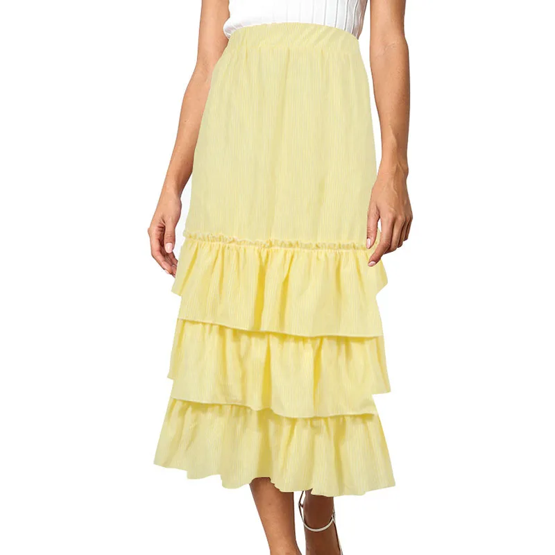 Для женщин Ярусное платье миди юбки из дышащего материала с высокой талией, в полоску с многослойными оборками юбка А-образного силуэта QL по доступной цене