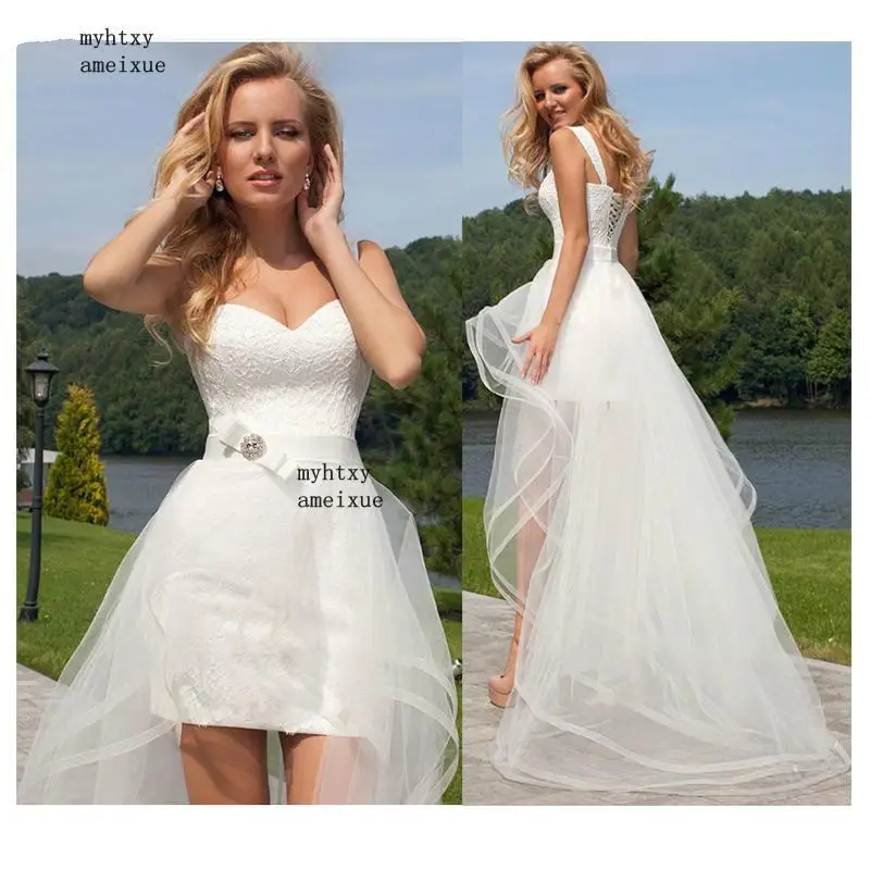 modest wedding dresses 2020 Princess Cheap Lace Wedding Dress Sweetheart Detachable Train Gown Sleeveless Boho Short Skirt Beach Bride Simple Plus Size tea length wedding dress