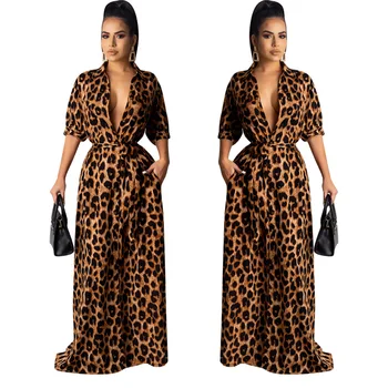 

Maxi Plus Size Women Dress v Neck Leopard With Belt Party Chiffon Vestidos Largos Sexy Ladies Summer Dresses Vintage Aa60Ds