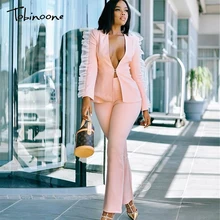 Tobinoone New Fashion Lace Ruffle Two Piece Set Women V Neck Jacket Suits 2 Piece Women's Set Autumn Elegant Celebrity Suit