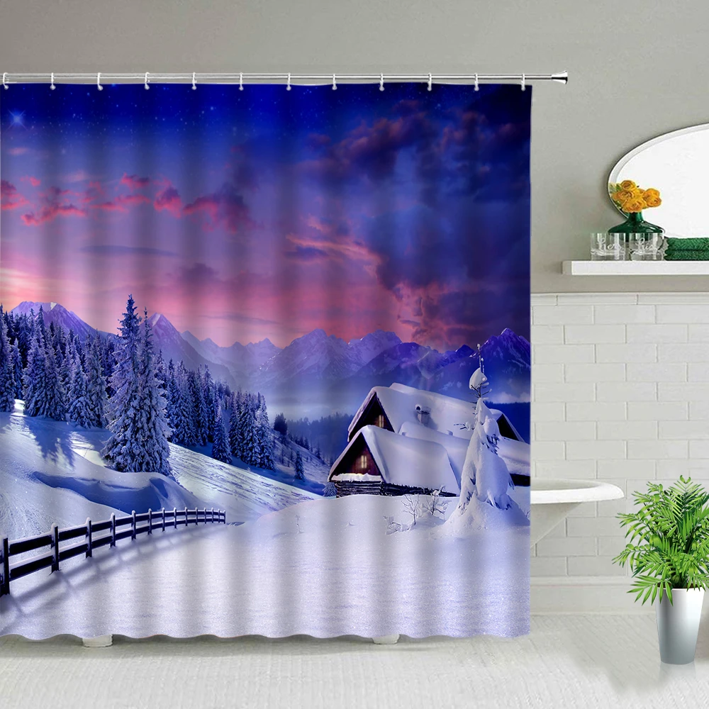 

Ландшафтная занавеска для душа, зимние снежинки, домики, поверхность дерева, снежный пейзаж, декор для ванной комнаты, водонепроницаемый тканевый комплект занавесок