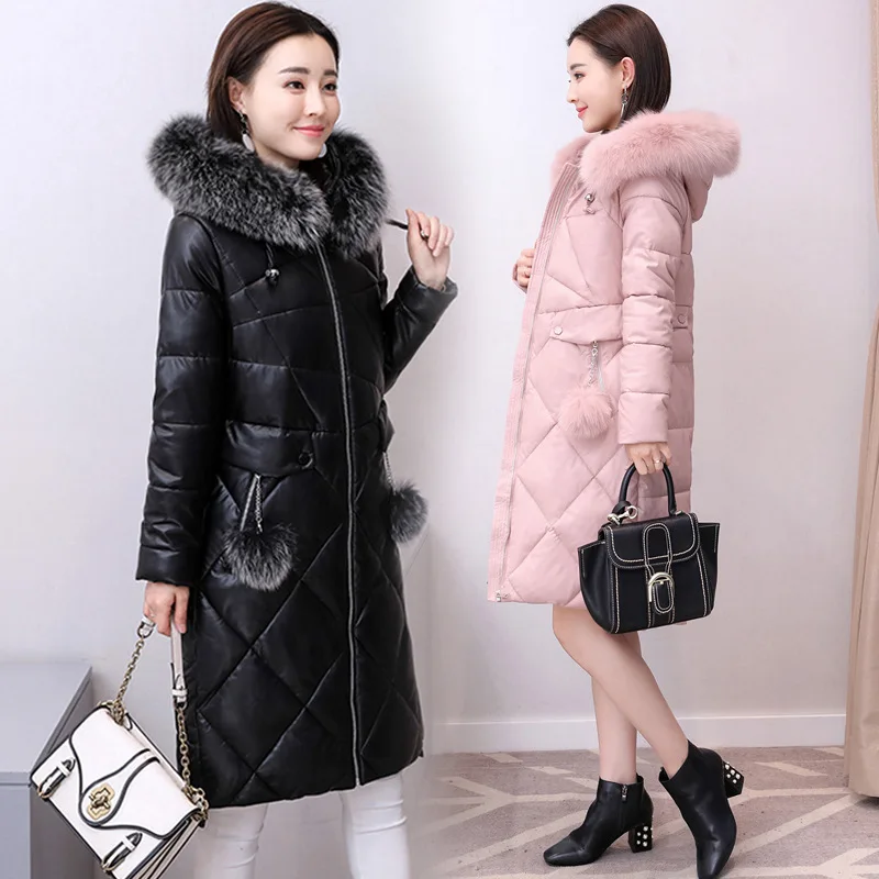 

PU Leather Cotton-padded Clothes Women's Mid-length 2019 New Style Really Fox Fur Collar down Jacket Cotton-padded Clothes Leath