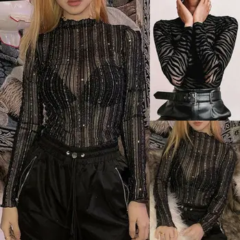 

Casual Women Ladies Sexy See-through Striped Body suit Jumpsuit Bodycon Long Sleeve Leotard Tops Regular