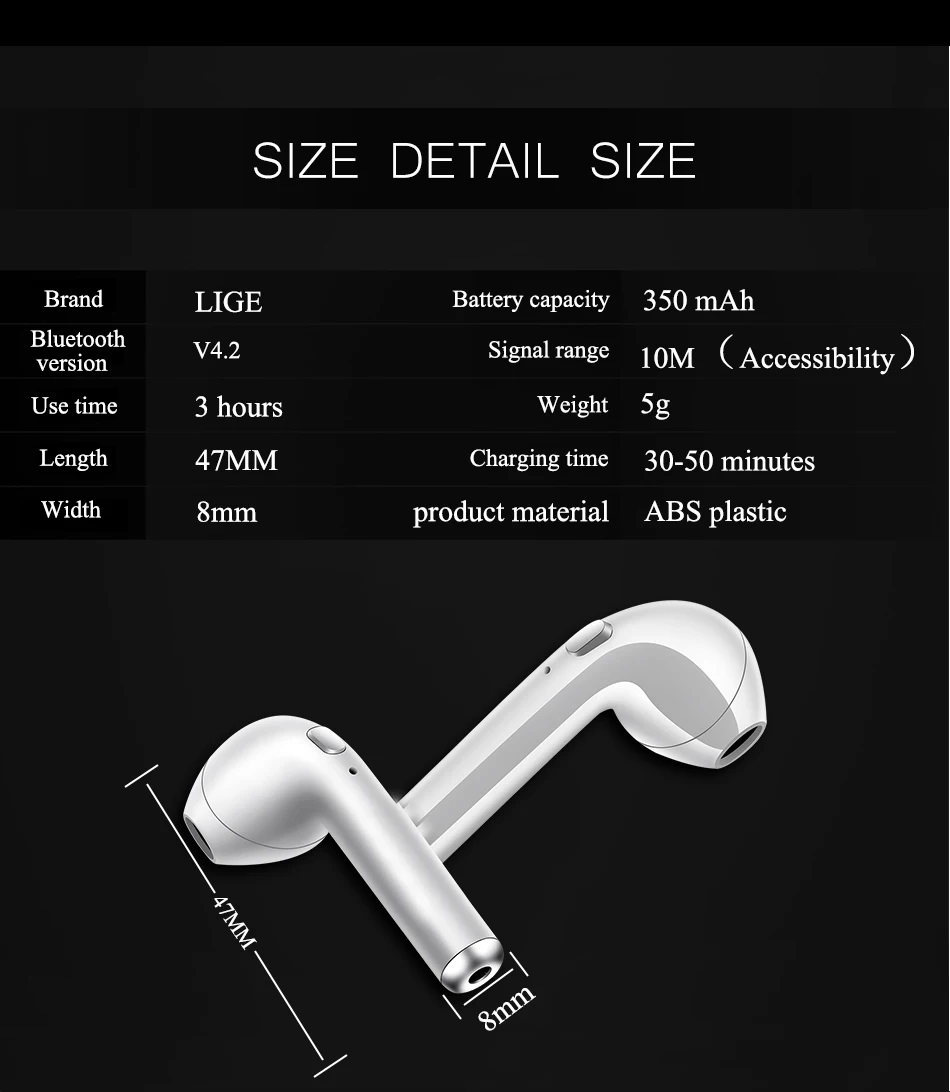 LIGE New TWS Mini headset 5.0 Bluetooth Earphones Stereo Bass Wireless Headset Earbuds with Mic for Phone xiaomi Samsung