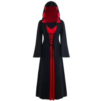 

Women Dress Halloween Hooded Lace Up Patchwork Long Sleeve Long Maxi Dress costume femme halloween Clothes Plus Size #L10