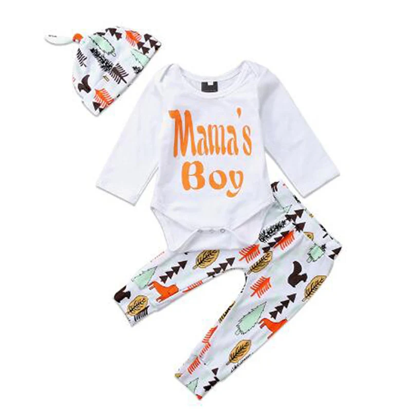 

Baby Sets Soft Spring Autumn Casual Baby Boy Printing Baby Rompers And Trousers And Hat Kids Three-piece Outfit Set Boy Sets