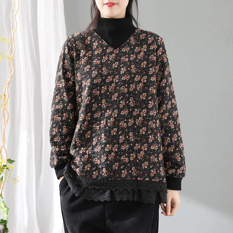 Women T shirt Autumn Spring Women Fleece Long-sleeved Turtleneck Print Floral Lace Women Coat Fashion Pullovers