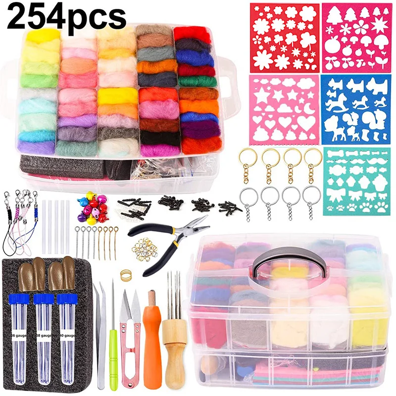 Kaobuy 254 pçs agulha felting kit com 50 cores felting lã para felting agulha suprimentos felting ferramentas de felting agulha para starter